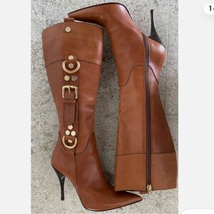 CESARE PACIOTTI RANDALL COGNAC LEATHER KNEE HIGH BOOTS